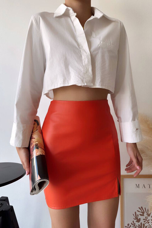 Turuncu Tek Yırtmaçlı Suni Deri Etek BCHN-2526475