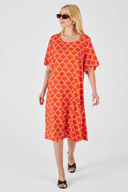 Turuncu U Yaka Kısa Kollu Midi Boy Desenli Elbise