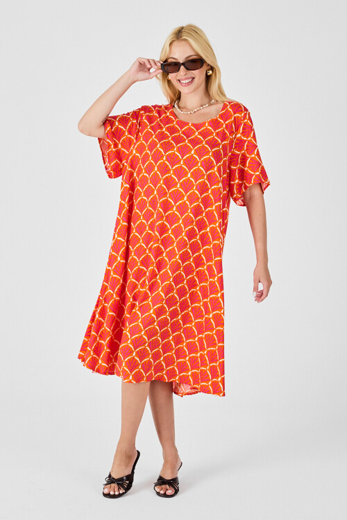Turuncu U Yaka Kısa Kollu Midi Boy Desenli Elbise