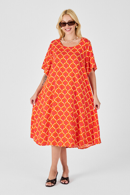 Turuncu U Yaka Kısa Kollu Midi Boy Desenli Elbise