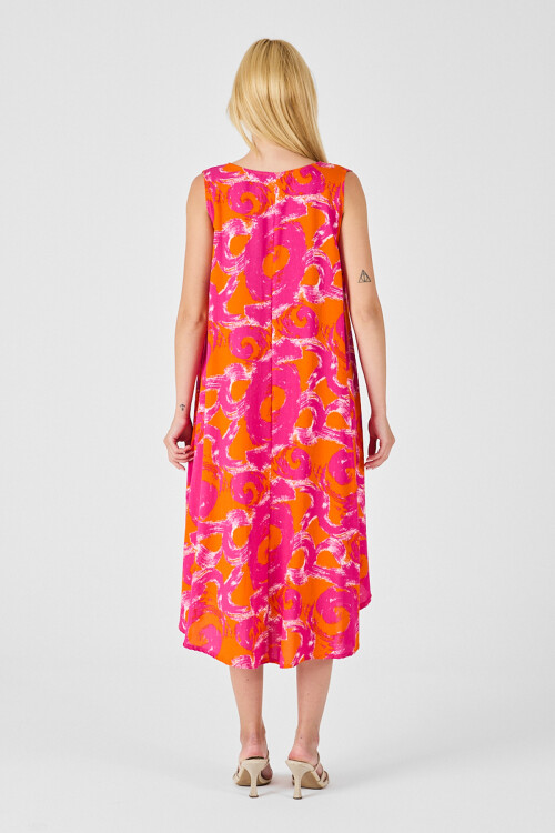 Turuncu U Yaka Kolsuz Asimetrik Kesim Midi Boy Elbise