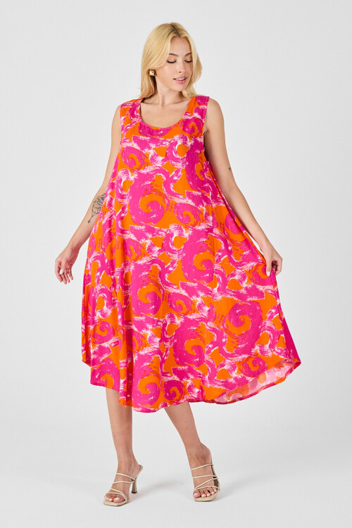 Turuncu U Yaka Kolsuz Asimetrik Kesim Midi Boy Elbise