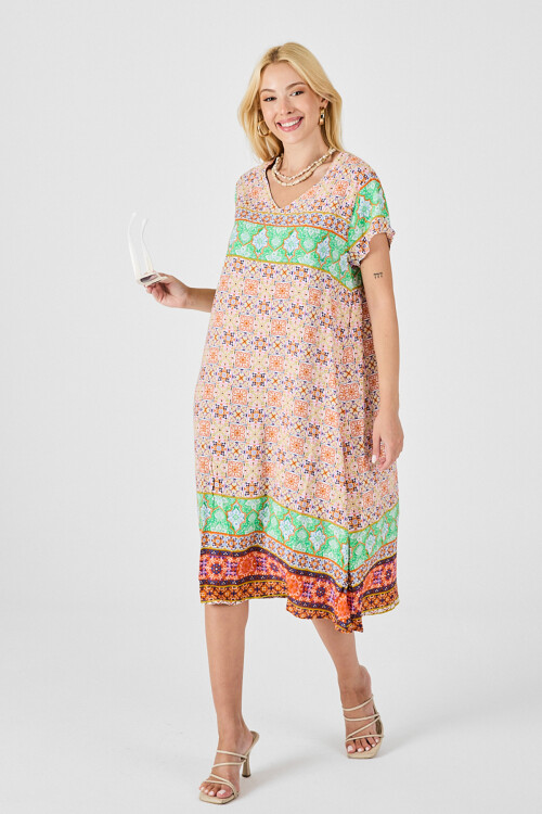 Turuncu-Yeşil Desenli V Yaka Midi Boy Elbise
