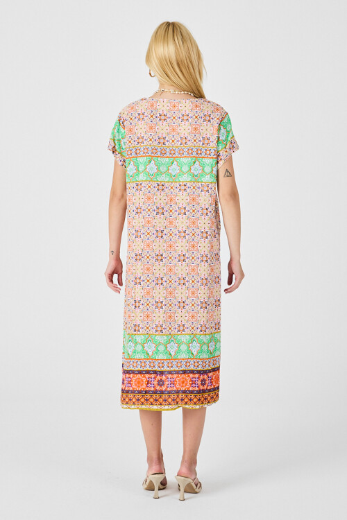 Turuncu-Yeşil Desenli V Yaka Midi Boy Elbise