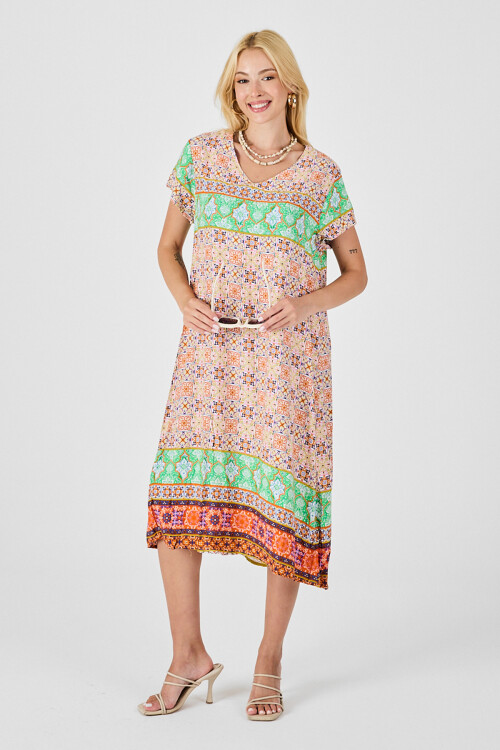 Turuncu-Yeşil Desenli V Yaka Midi Boy Elbise