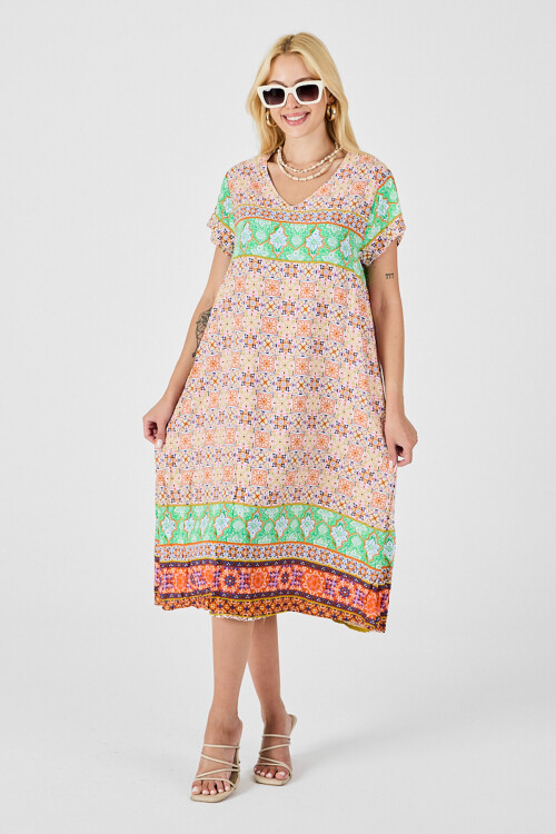 Turuncu-Yeşil Desenli V Yaka Midi Boy Elbise