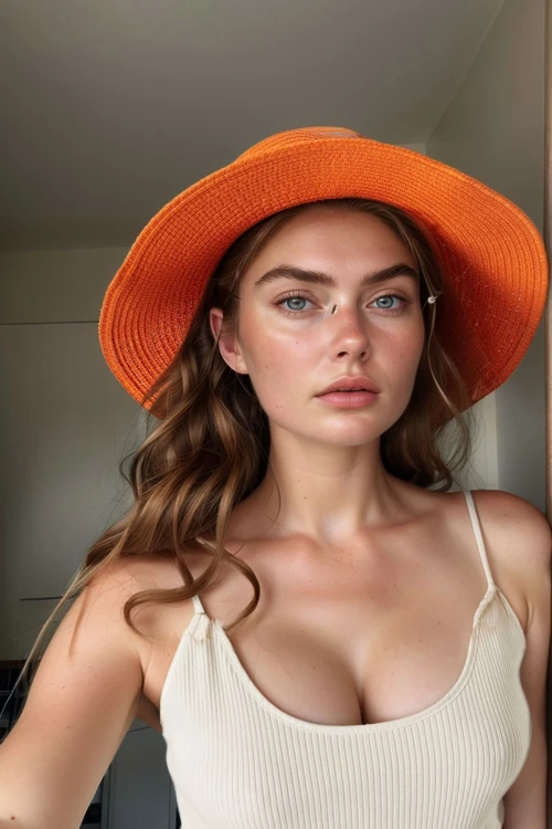 Turuncu Zincirli Geniş Hasır Şapka BCNSV-2514391