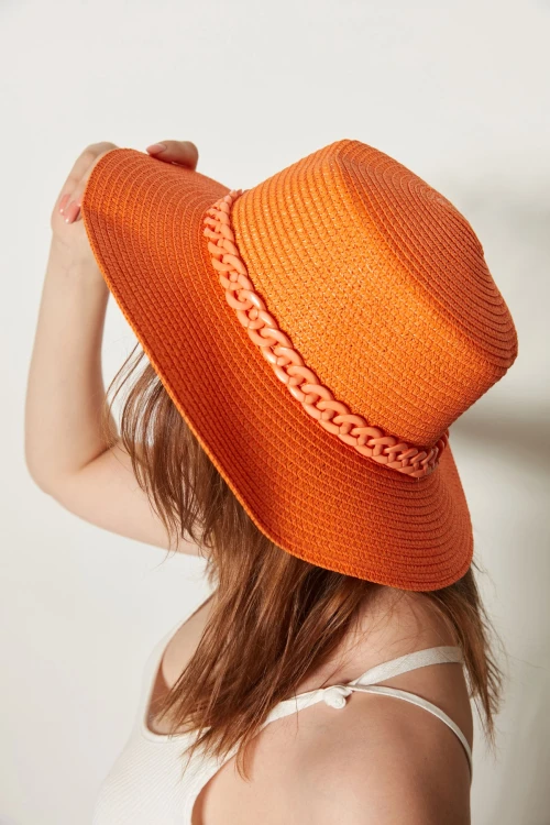 Turuncu Zincirli Geniş Hasır Şapka BCNSV-2514391