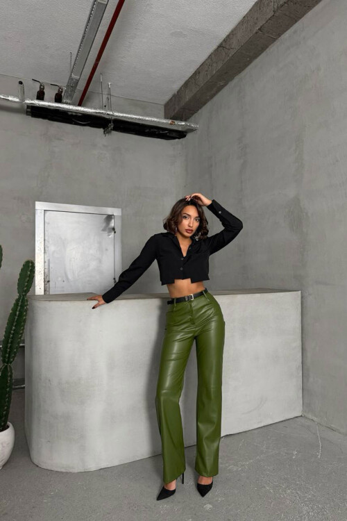 Yağ Yeşili Çift Cepli Fit Kesim Suni Deri Pantolon BCHN-25267542