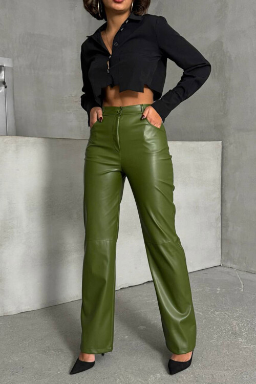 Yağ Yeşili Çift Cepli Fit Kesim Suni Deri Pantolon BCHN-25267542