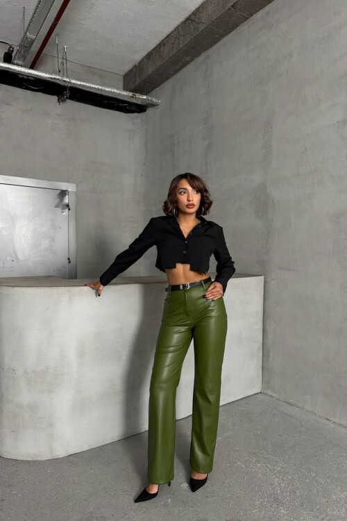Yağ Yeşili Çift Cepli Fit Kesim Suni Deri Pantolon BCHN-25267542