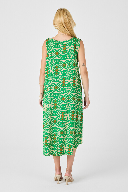 Yeşil Asimetrik Kesim U Yaka Desenli Elbise
