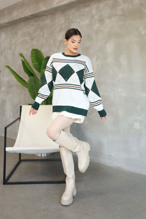 Yeşil Bisiklet Yaka Desenli Triko Kazak BCES-252015