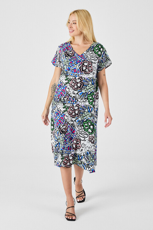 Yeşil Çiçekli V Yaka Kısa Kollu Midi Boy Desenli Elbise