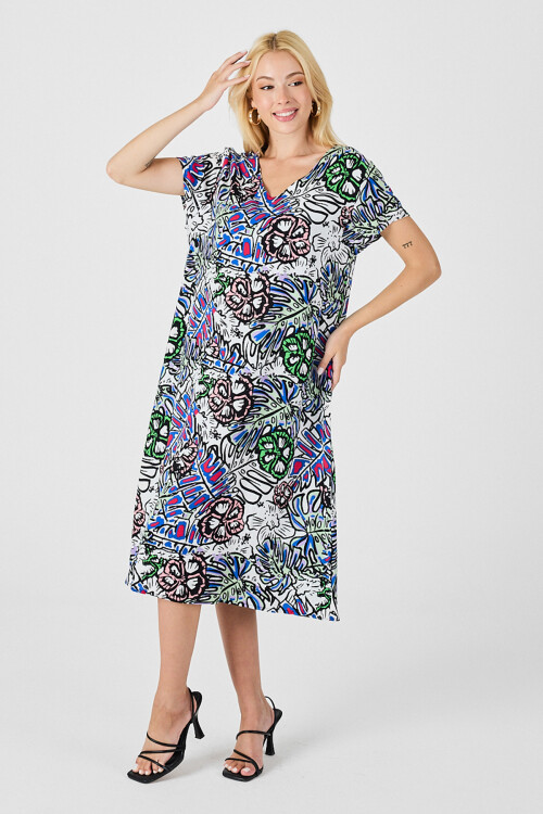 Yeşil Çiçekli V Yaka Kısa Kollu Midi Boy Desenli Elbise