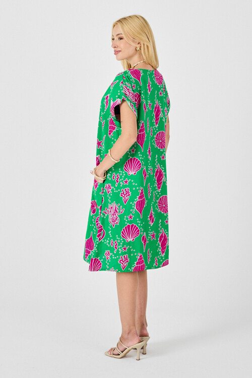 Yeşil Deniz Kabuğu Desenli V Yaka Oversize Elbise