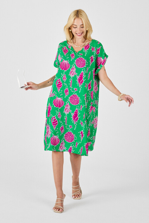 Yeşil Deniz Kabuğu Desenli V Yaka Oversize Elbise