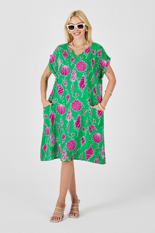 Yeşil Deniz Kabuğu Desenli V Yaka Oversize Elbise