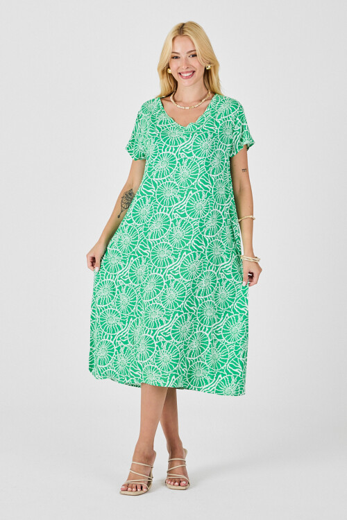 Yeşil Derin V Yaka Kısa Kollu Çizgi Desenli Midi Boy Elbise