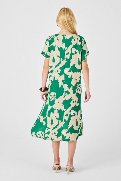 Yeşil Derin V Yaka Yırtmaçlı Desenli Midi Boy Elbise