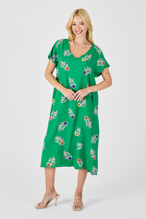 Yeşil Desenli Derin V Yaka Midi Boy Elbise