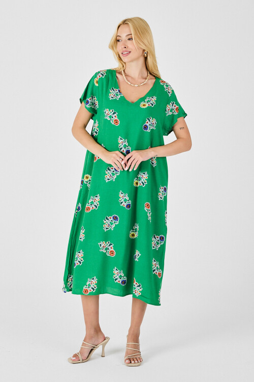 Yeşil Desenli Derin V Yaka Midi Boy Elbise