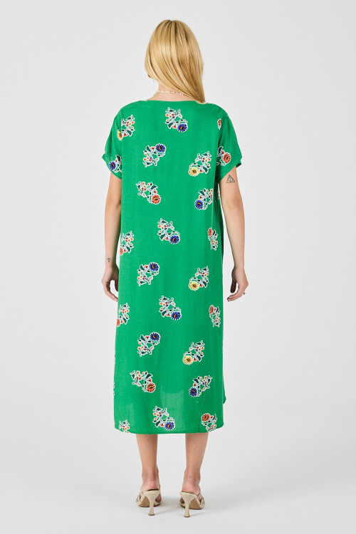 Yeşil Desenli Derin V Yaka Midi Boy Elbise