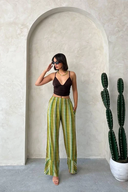 Yeşil Desenli Yazlık Viskon Pantolon BCHN-2525674