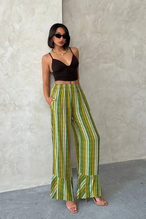 Yeşil Desenli Yazlık Viskon Pantolon BCHN-2525674