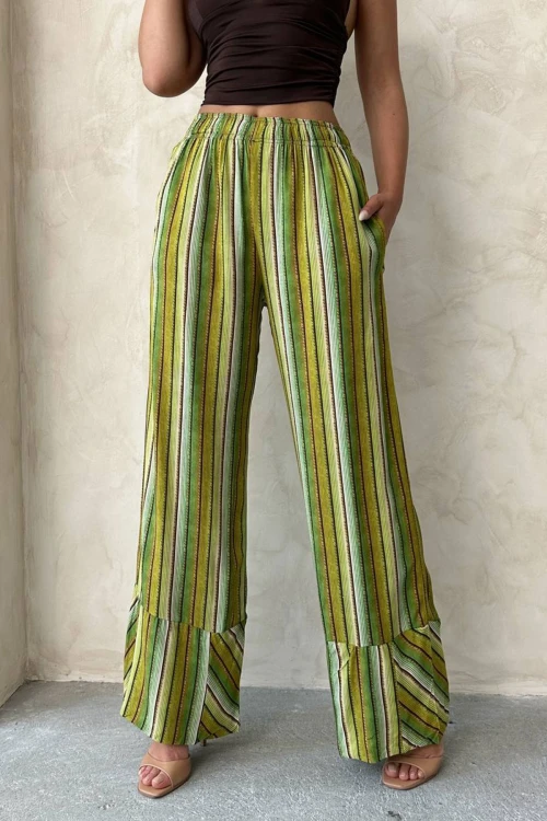 Yeşil Desenli Yazlık Viskon Pantolon BCHN-2525674