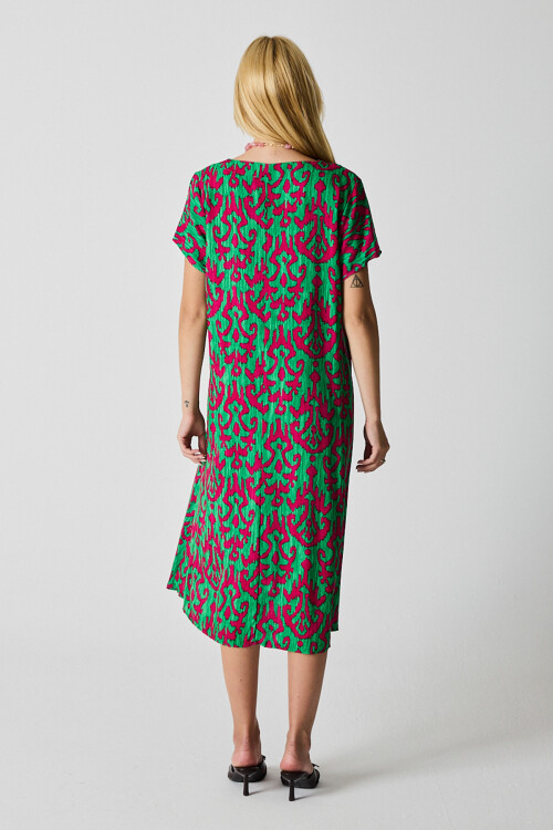 Yeşil-Fuşya Desenli V Yaka Midi Boy Elbise