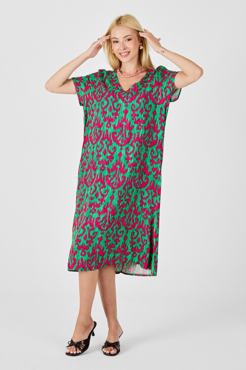 Yeşil-Fuşya Desenli V Yaka Midi Boy Elbise