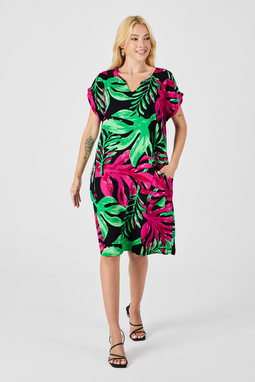 Yeşil-Fuşya Tropik Desenli V Yaka Rahat Kesim Elbise