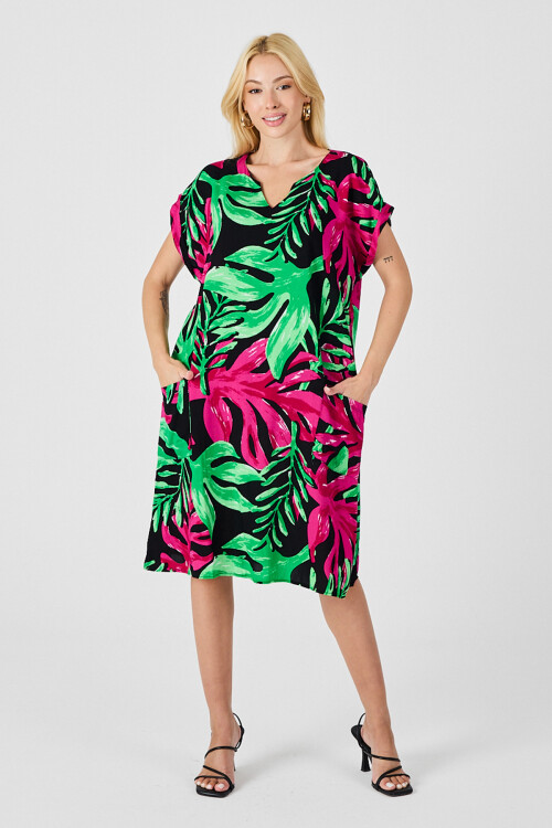 Yeşil-Fuşya Tropik Desenli V Yaka Rahat Kesim Elbise