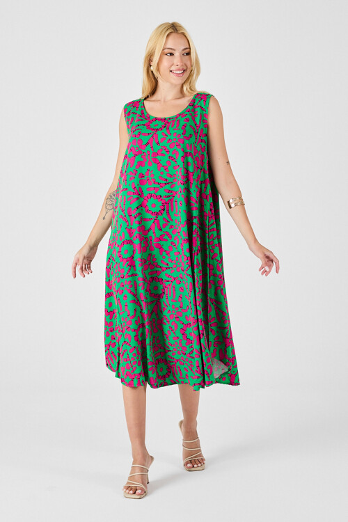 Yeşil-Fuşya U Yaka Kolsuz Eteği Asimetrik Kesim Desenli Midi Boy Elbise