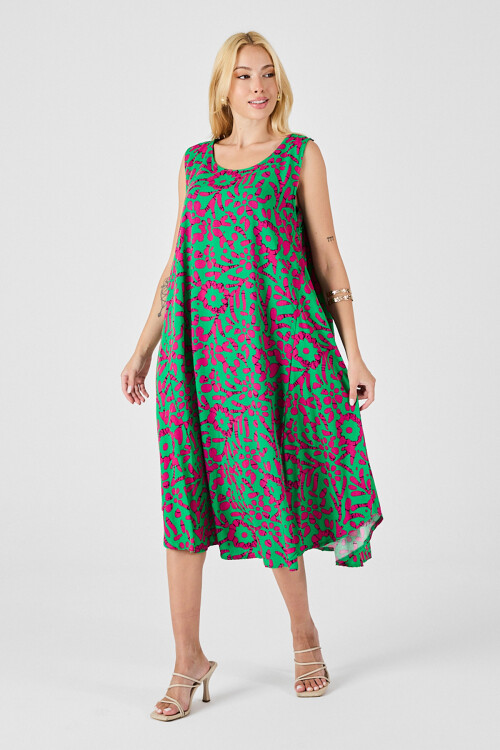 Yeşil-Fuşya U Yaka Kolsuz Eteği Asimetrik Kesim Desenli Midi Boy Elbise