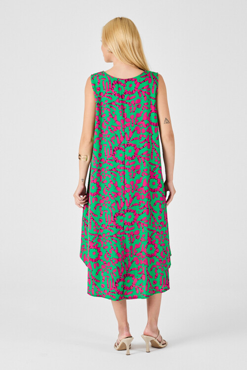 Yeşil-Fuşya U Yaka Kolsuz Eteği Asimetrik Kesim Desenli Midi Boy Elbise