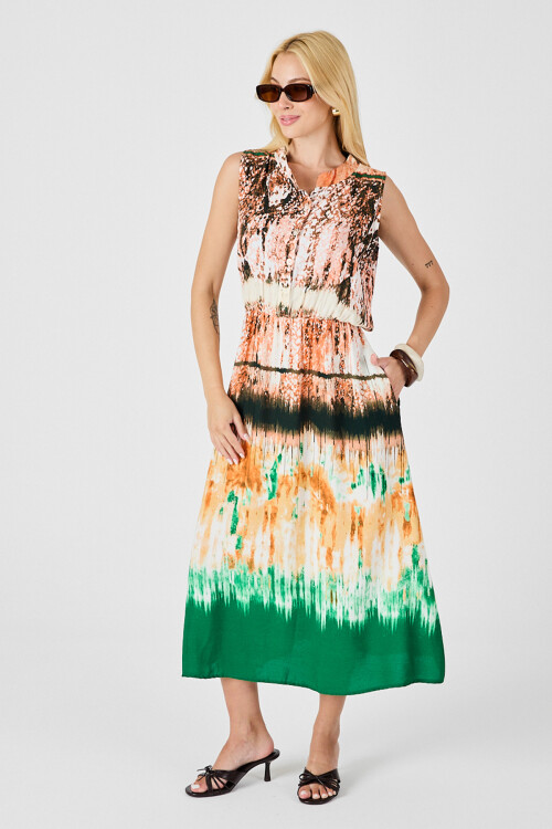 Yeşil-Krem Çentik Yaka Düğmeli Desenli Kolsuz Midi Elbise