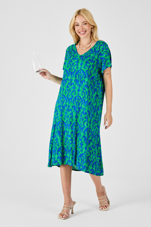 Yeşil Mavi Desenli V Yaka Midi Boy Elbise