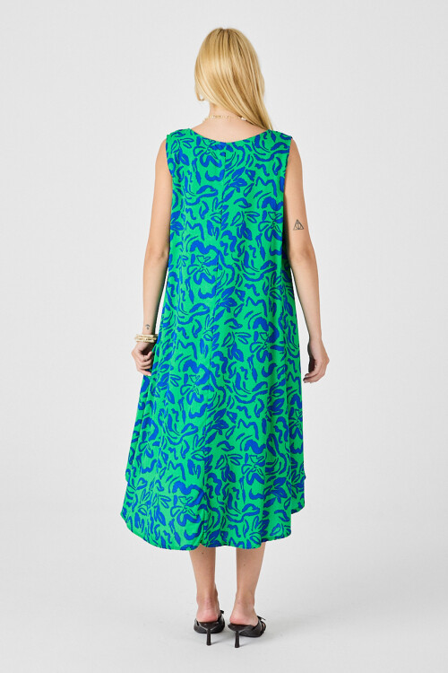 Yeşil Mavi U Yaka Kolsuz Eteği Asimetrik Kesim Desenli Midi Boy Elbise