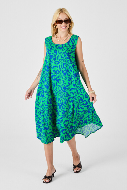 Yeşil Mavi U Yaka Kolsuz Eteği Asimetrik Kesim Desenli Midi Boy Elbise