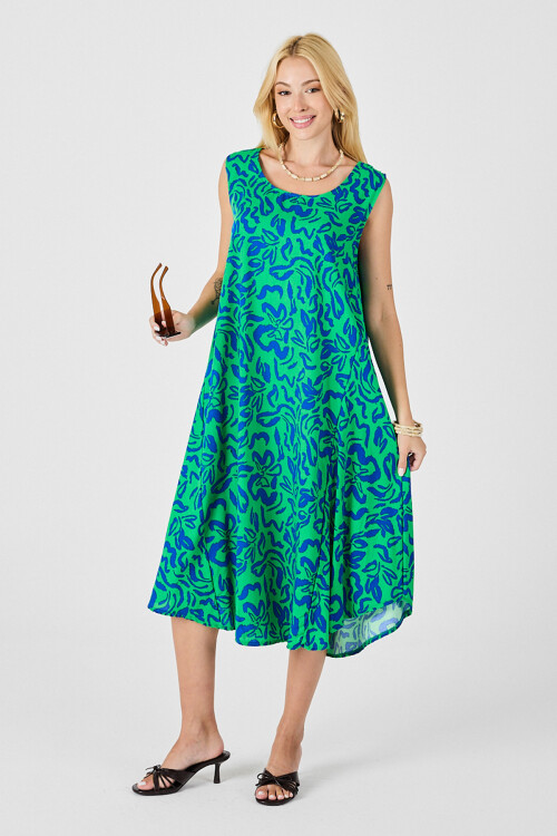 Yeşil Mavi U Yaka Kolsuz Eteği Asimetrik Kesim Desenli Midi Boy Elbise