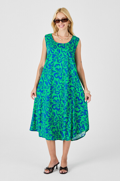 Yeşil Mavi U Yaka Kolsuz Eteği Asimetrik Kesim Desenli Midi Boy Elbise