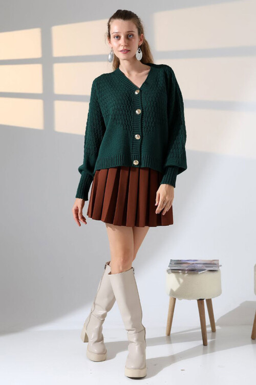 Yeşil Motif Desenli Düğmeli Triko Hırka BCES-252027