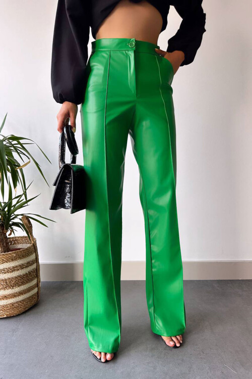 Yeşil Önü Dikiş Detaylı Suni Deri Palazzo Pantolon BCHN-2526654