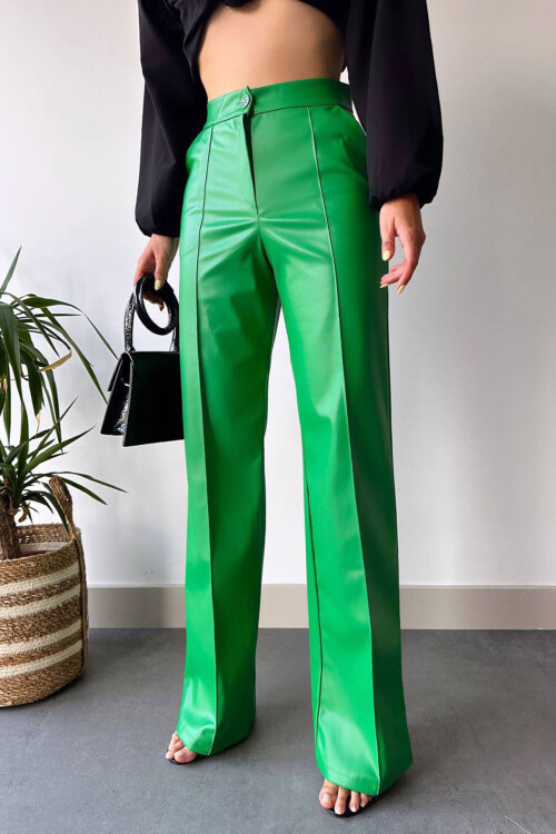 Yeşil Önü Dikiş Detaylı Suni Deri Palazzo Pantolon BCHN-2526654