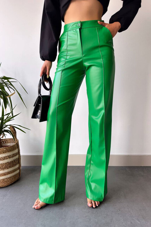 Yeşil Önü Dikiş Detaylı Suni Deri Palazzo Pantolon BCHN-2526654