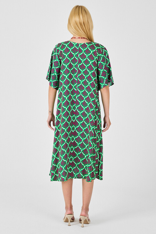 Yeşil U Yaka Kısa Kollu Midi Boy Desenli Elbise