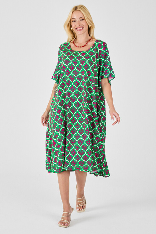 Yeşil U Yaka Kısa Kollu Midi Boy Desenli Elbise