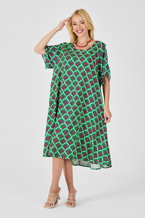 Yeşil U Yaka Kısa Kollu Midi Boy Desenli Elbise